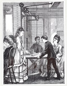 De instrumenten voor het verzenden van berichten bij het Post Office Telegraph Headquarters, Telegraph Street, Londen, uit The Graphic, 1871 door English School