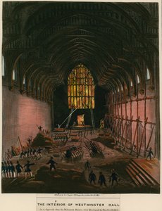 Het interieur van Westminster Hall zoals het verscheen toen de Parlementsgebouwen door brand werden vernietigd door English School