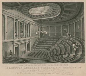 Het interieur van het theater van de Islington Literaire en Wetenschappelijke Instelling door English School