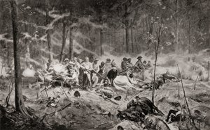 De laatste stand van majoor Allan Wilson aan de Shangani-rivier, Matabeleland, tijdens de Eerste Matabele-oorlog in 1893, naar het schilderij van Allan Stewart, uit 