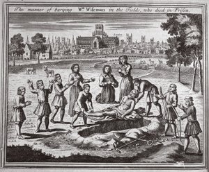 De manier van begraven van Wm Wiseman in de velden, die in de gevangenis stierf, illustratie uit Foxes Martelaren ca. 1703