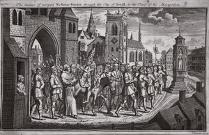 De manier van het dragen van Nicholas Burton door de stad Sevilla naar de plaats van zijn martelaarschap, illustratie uit Foxes Martelaren ca. 1703