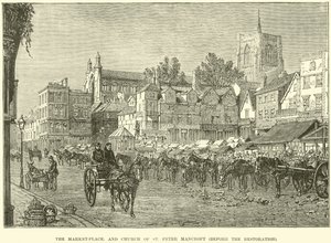 De markt en Kerk van St Peter Mancroft, voor de restauratie