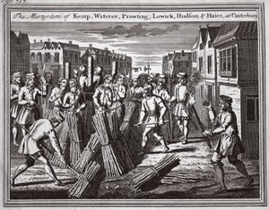 Het martelaarschap van Kemp, Waterer, Prowting, Lowick, Hudson en Haies in Canterbury, illustratie uit 
