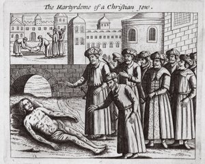 Het martelaarschap van een christelijke Jood, illustratie uit Handelingen en Monumenten van John Foxe, negende editie, uitgegeven 1684 door English School