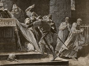 De moord op Becket in de kathedraal van Canterbury, illustratie uit Cassells Illustrated History of England door English School
