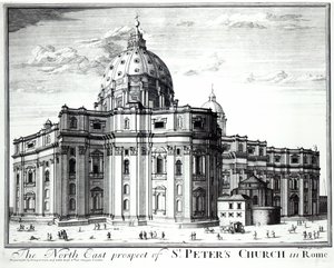 Het noordoostelijke uitzicht van de St. Pieterkerk, Rome, gegraveerd door H. Hulfbergh door English School