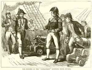 De officieren van de Chesapeake bieden hun zwaarden aan door English School