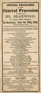 Het officiële programma van de begrafenisstoet van wijlen Mr Braidwood, hoofd van de Londense brandweer door English School
