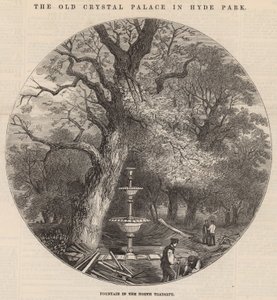 Het oude Crystal Palace in Hyde Park: fontein in de noordelijke transept door English School