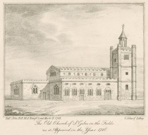 De oude kerk van St Giles in the Fields, Londen, zoals het verscheen in het jaar 1718 door English School