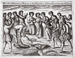 De orde en manier van begraven in de velden van degenen die in de gevangenis stierven, en namelijk Will Wiseman, illustratie uit Handelingen en Monumenten van John Foxe, negende editie, uitgegeven 1684