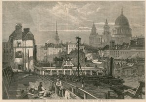 De spoorwegwerken bij Blackfriars en opening richting Ludgate Hill, Londen, gezien vanaf de tijdelijke brug door English School