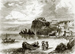 De rots en stad van Scylla, kust van Sicilië door English School