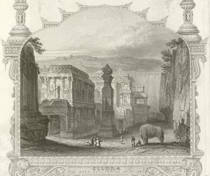 De rots uitgehouwen tempel van Kailah, Ellora, India door English School