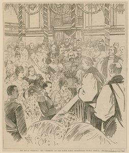 Het koninklijk huwelijk, de ceremonie bij het altaar, Buckingham Palace Chapel, 23 juli 1896 door English School