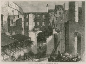 De ruïnes van Savile House, Leicester Square, Londen, na de brand door English School