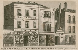 De winkelpui van Isaac Newton, linnenhandelaar van 14 Leicester Square, Londen door English School