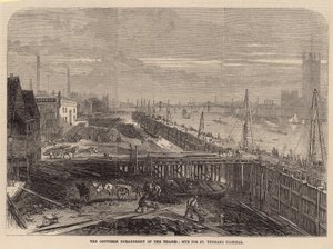 De zuidelijke Embankment van de Thames; locatie voor St Thomass Hospital door English School
