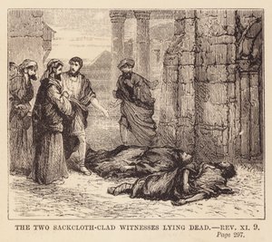 De twee in zakdoeken geklede getuigen die dood liggen (gravure) door English School