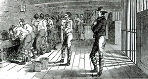 De wasruimte onderdeks - veroordeelde vakbondsleden worden naar Australië vervoerd, geïllustreerd in The Martyrs of Tolpuddle, gepubliceerd door Trades Union Congress, 1834 door English School
