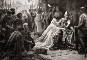De vrouw van koning Edward III, koningin Philippa van Henegouwen, pleit voor haar man om het leven van de zeven burgers van Calais te sparen door English School