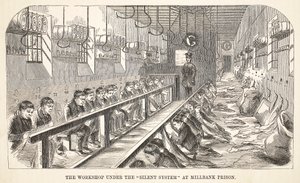 De werkplaats onder het stille systeem in de Millbank-gevangenis, illustratie uit The Criminal Prisons of London and Scenes from Prison Life door Henry Mayhew en John Binny, uitgegeven 1862