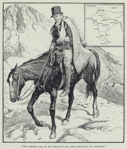 "De gewonde man, op zijn uitgeputte paard, alleen rijdend vanuit de bergen" door English School