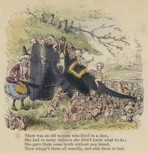 Er was een oude vrouw die in een schoen woonde, ze had zoveel kinderen dat ze niet wist wat ze moest doen; ze gaf ze wat bouillon zonder brood, en stuurde ze allemaal naar bed
