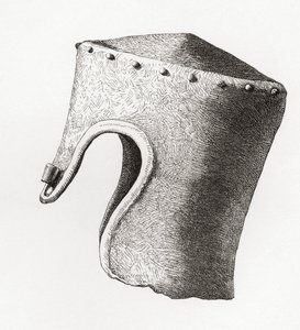 Dertiende eeuws Cilindrische Platte Helm met Neusbeschermer, opgegraven bij Montgomery Castle in 1841, uit The British Army: Its Origins, Progress and Equipment, gepubliceerd 1868.