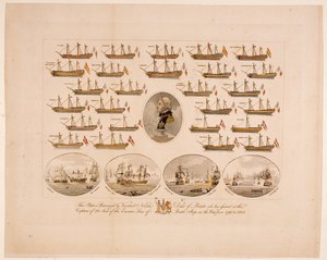 Deze plaat wordt gesponsord door burggraaf Nelson, hertog van Bronte, die heeft bijgedragen aan de verovering van 26 schepen van de vijandelijke linie in de oorlog van 1793 tot 1805 (gekleurde gravure)