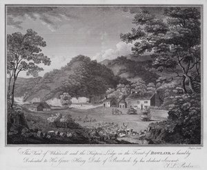 Dit Uitzicht op Whitewell en de Jagershut in het Bos van Bowland, is nederig opgedragen aan Zijne Genade Henry Hertog van Buccleuch, door zijn gehoorzame Dienaar J L Parker door English School