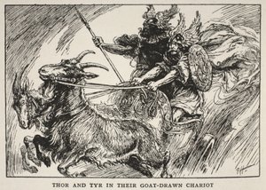 Thor en Tyr in hun door geiten getrokken wagen