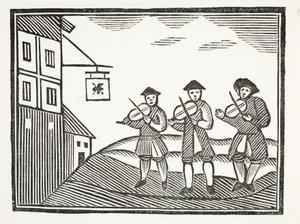 Drie Fiddlers in Thames Street, die een bruidegom speelden in de ochtend, die hen niets te drinken gaf, illustratie uit Chap-books van de Achttiende Eeuw door John Ashton, uitgegeven 1882 door English School