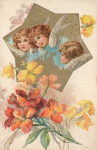 Drie cherubijnen in een afbeelding versierd met bloemen