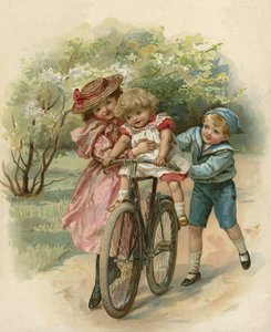 Drie kinderen spelen met een fiets door English School