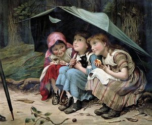 Drie kleine kittens (meisjes en kittens die onder een paraplu kruipen) - Engelse chromolithografie