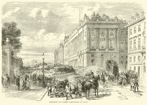 Straatbarricades opwerpen in Parijs, oktober 1870 door English School
