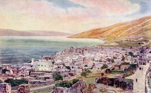 Tiberias en het Meer van Galilea, Israël, c.1910 (kleur litho)