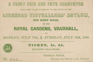 Ticket voor een Fancy Fair en Fete Champetre in de Koninklijke Tuinen, Vauxhall, Londen door English School
