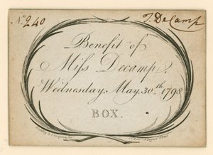 Ticket voor Drury Lane Theatre, Londen: Voordeel van Miss Decamp, 30 mei 1798 door English School