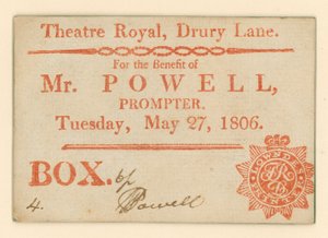 Ticket voor Drury Lane Theatre, Londen: Voor het voordeel van Mr. Powell, souffleur, 27 mei 1806 door English School