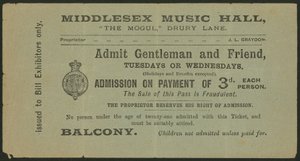 Ticket voor het Middlesex Music Hall, The Mogul, Drury Lane, Londen door English School