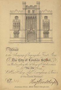 Ticket voor het leggen van de eerste steen van de City of London School, 21 oktober 1835