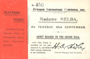 Ticket voor Nellie Melba op de Glasgow International Exhibition, 1901 door English School