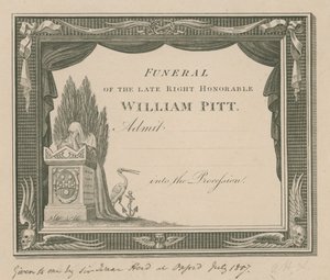Toegangsbewijs voor de begrafenis van de overleden William Pitt door English School