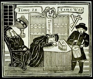 Tijd is, tijd was, kopie van een illustratie uit Geschiedenis van de geleerde broeder Bacon gebruikt in een verzameling chapbooks over esoterica door English School