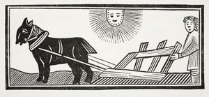 Het is een Ploeg die de ingewanden van de Aarde omwoelt voor het zaaien van Graan, illustratie uit Chap-books van de Achttiende Eeuw door John Ashton, uitgegeven 1882