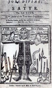 Titelpagina van het eerste boek van Jure Divino - Een satire door Daniel Defoe (1660-1731) gepubliceerd in 1706 door English School