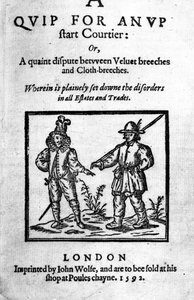 Titelpagina voor A Quip for an Upstart Courtier: of, Een eigenaardige discussie tussen fluwelen broek en stoffen broek door Robert Greene, gepubliceerd 1592